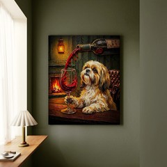 «Wine & Woof» – Shih Tzu Vertical Canvas – Dog Lover Wall Art