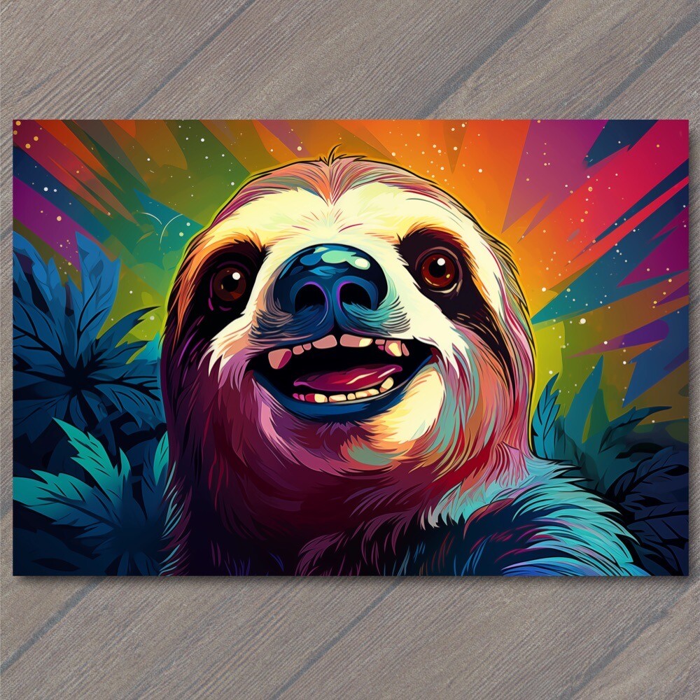Art Print Sloth Smiling Happy Retro Pop Art Splash Colors Fun Cute Vibrant