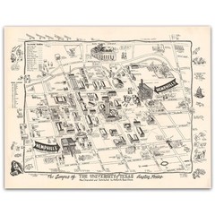1945 University of Texas Austin Campus Map Vintage Pictorial Print