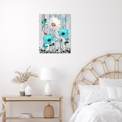 Farmhouse Turquoise Floral Canvas Wall Art Teal Blue and White Daisy Butterfl…
