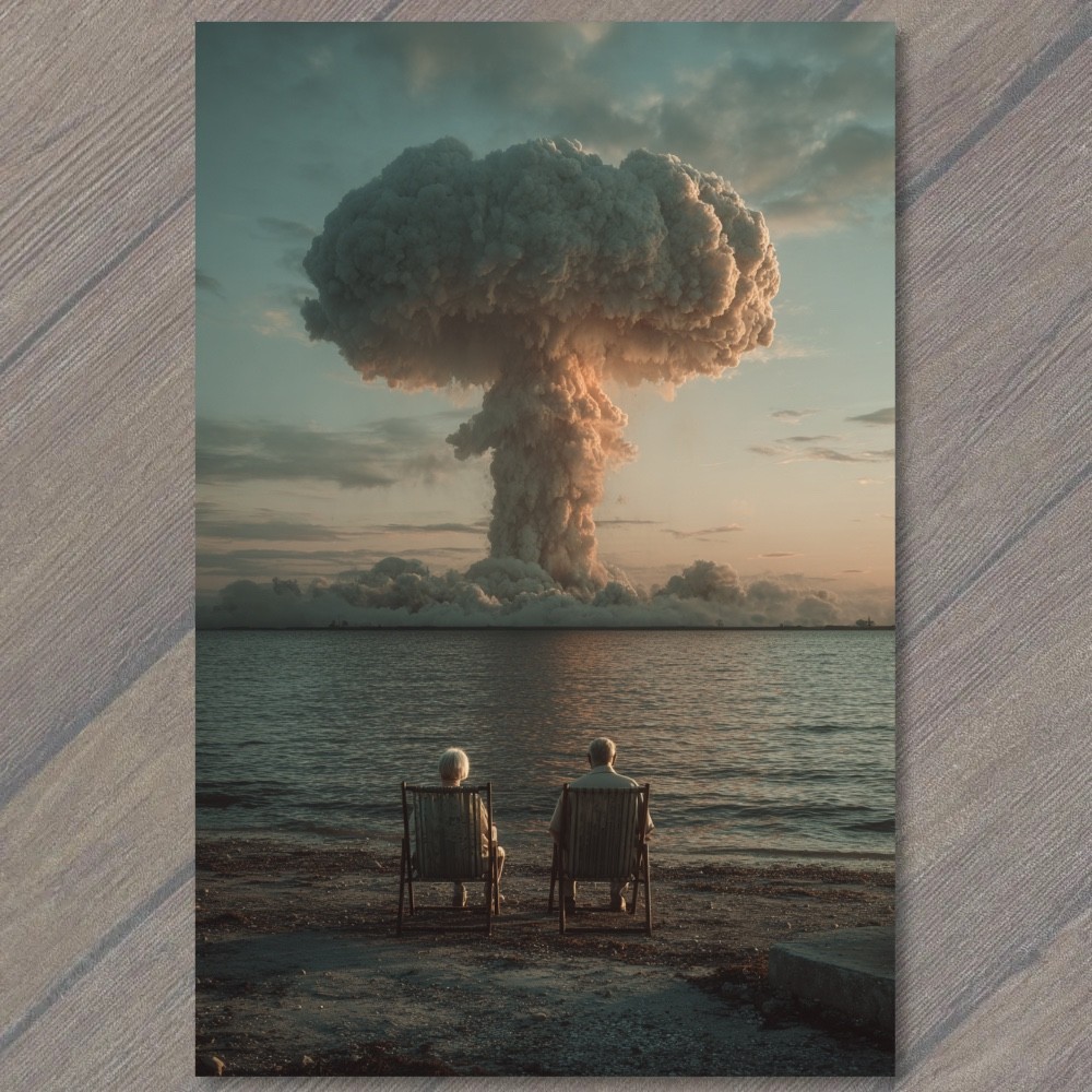 Art Print Nuclear Mushroom Cloud Seaside Watchers Apocalyptic Surreal Dusk