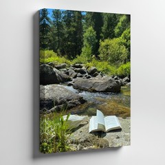 Serene Nature Canvas Wall Art Featuring Open Book By Rocky Stream And Trees