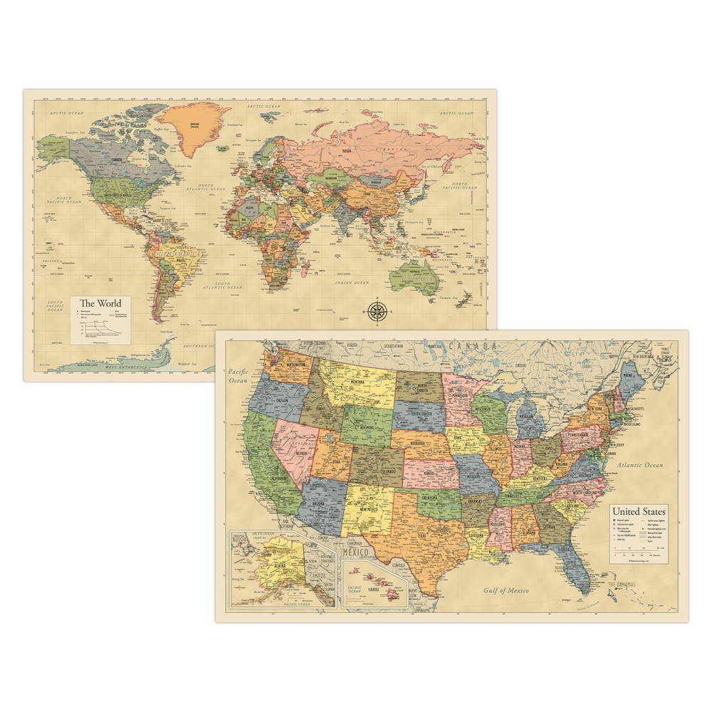 2 Pack – Laminated World Map & US Poster Set – Wall Chart of Yellow