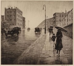 Martin Lewis : Rainy Day in Queens : Urban Street Scene Etching Art Print
