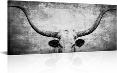 Black and White Longhorn Wall Art Print for Home Decor 20″x48″ Framed