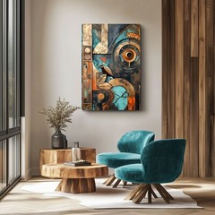 Abstract Art Deco Style Wall Art Print on Canvas Modern Gold Teal Copper Artwork
