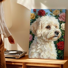 Wall Art White Dog Portrait with Roses Floral Oil Painting Style Canvas Print
