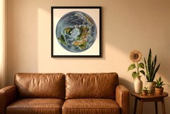 World Map, WGS 1984 Grid North Projection World Map, Framed World Relief Map