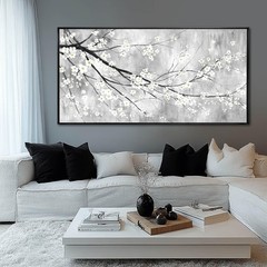 Large 29″x58″ White Black and Gold Plum Blossom Canvas Black Frame Wall Art M…