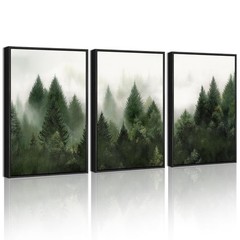Green Fog Pine Tree Framed Wall Art Nature Nordic Forests Artwork Morden Pain…