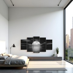 5 Piece Black and White Moon Wall Art Ocean Full Moon Picture Canvas Prints L…
