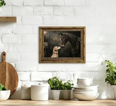 Gold Framed Vintage Horse And Dog Canvas Wall Art Rustic Farmhouse Retro Anim…