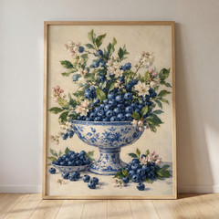 Blueberry Still Life Poster Blue White Bowl Print Floral Kitchen Wall Art