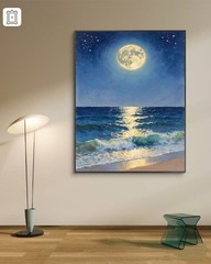 Moonlight Ocean Canvas Wall Art Night Sea Waves Painting Coastal Decor