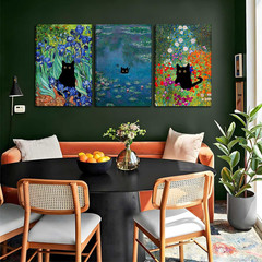 Monet Wall Art Set of 3 – Funny Cat in Water Lilies Canvas Paintings Prints, Gar