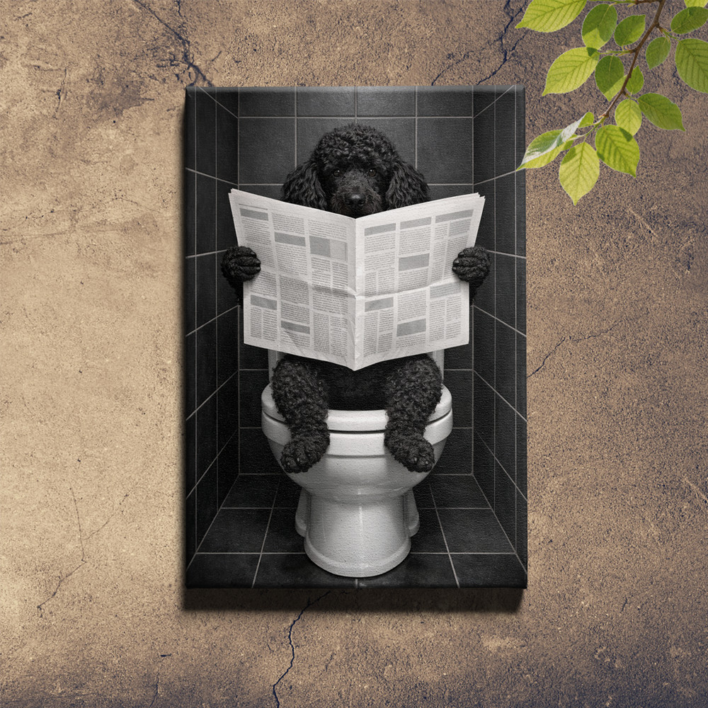 Poodle on toilet reading newspaper humorous bathroom scene Wall Art