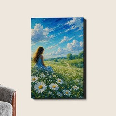 Girl in Daisy Field Art Print Blue Sky Floral Landscape Painting