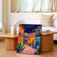 Wall Art Colorful Mediterranean Village Street Night Sky Cactus Canvas Print