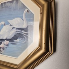 Vtg 1980s Homco Home Interiors Swan Family Print Gold Octagon Frame Wall Decor