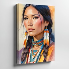 Native American Woman Portrait Canvas Wall Art Colorful Feather Jewelry Print