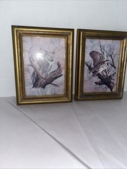 VTG Owl Framed Wall Art Set Of 2 Gold Wood Distressed Frames Rustic Nature Birds