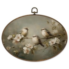 Vintage Bird Floral Oval Wall Art Decor, Cottagecore Birds Framed Canvas Prin…