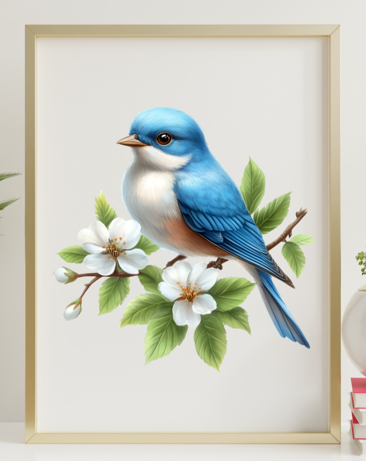Blue Bird Wall Art Print, Blue Bird and Flowers Print, Wall Decor, Home Decor #9