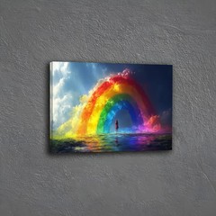 Girl Standing Under Giant Rainbow Dreamy Cloud Canvas, Fantasy Kids Room Wall