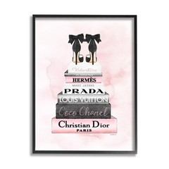 Fashion Glam Framed Wall Art Pink Silver Black Heels Bookstack Design