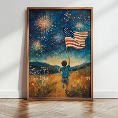 Vintage 4th of July Wall Art, American Flag Print, Fireworks Painting