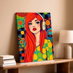 Wall Art Retro Pop Redhead Woman Art Headphones Vinyl Records Colorful Decor