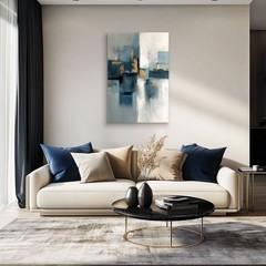 Abstract Blue Grey Gold Oil Painting Print, Framed Canvas Wall Art, Modern Decor
