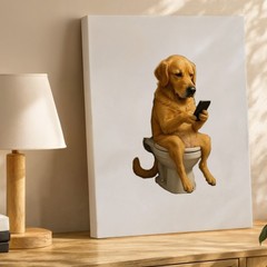 Funny Dog Sitting On Toilet Using Phone Canvas Wall Art Animal Humor Decor Print