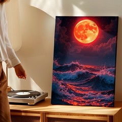 Wall Art Red Full Moon Ocean Waves Night Sky Seascape Canvas Print Modern Decor