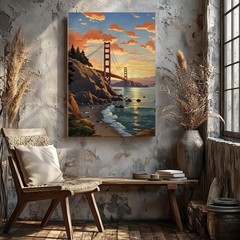 Golden Gate Bridge Sunset Canvas Wall Art Coastal Landscape Canvas Print Home