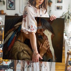 Native American woman with feathers in hair and horse canvas wall art print
