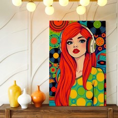 Wall Art Retro Pop Redhead Woman Art Headphones Vinyl Records Colorful Decor