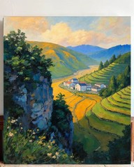 Modern Impressionist Mountain Village Canvas Print Terraced Valley Wall Art Deco