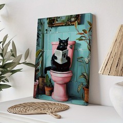Canvas Art Black Cat Read Newspaper On Toilet Plant Funny Bathroom Decor