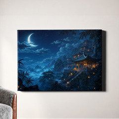 Moonlit mountain temple Canvas Art fantasy night landscape under moonlight