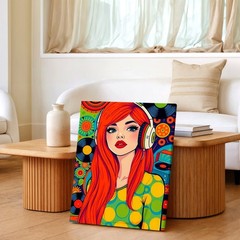 Wall Art Retro Pop Redhead Woman Art Headphones Vinyl Records Colorful Decor