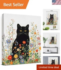 8×10 Inch Framed Cat Art – Charming Floral Canvas for Living Room & Bedroom