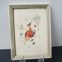 Vintage Framed Art Print Baby Child Mommy Nanny Balloons in Park USA 7.5 x 6