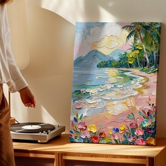 Wall Art Tropical Beach Seascape Palm Trees Ocean Waves Floral Oil Painting
