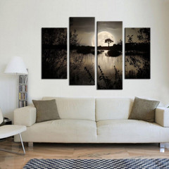 Big Moon Over Lake Canvas Art – 4 Piece Modern Landscape Wall Decor