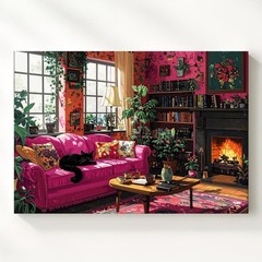 Cozy Writer�S Retreat Canvasblack Cat, Fireplace & Vintage Interior Scene Wall