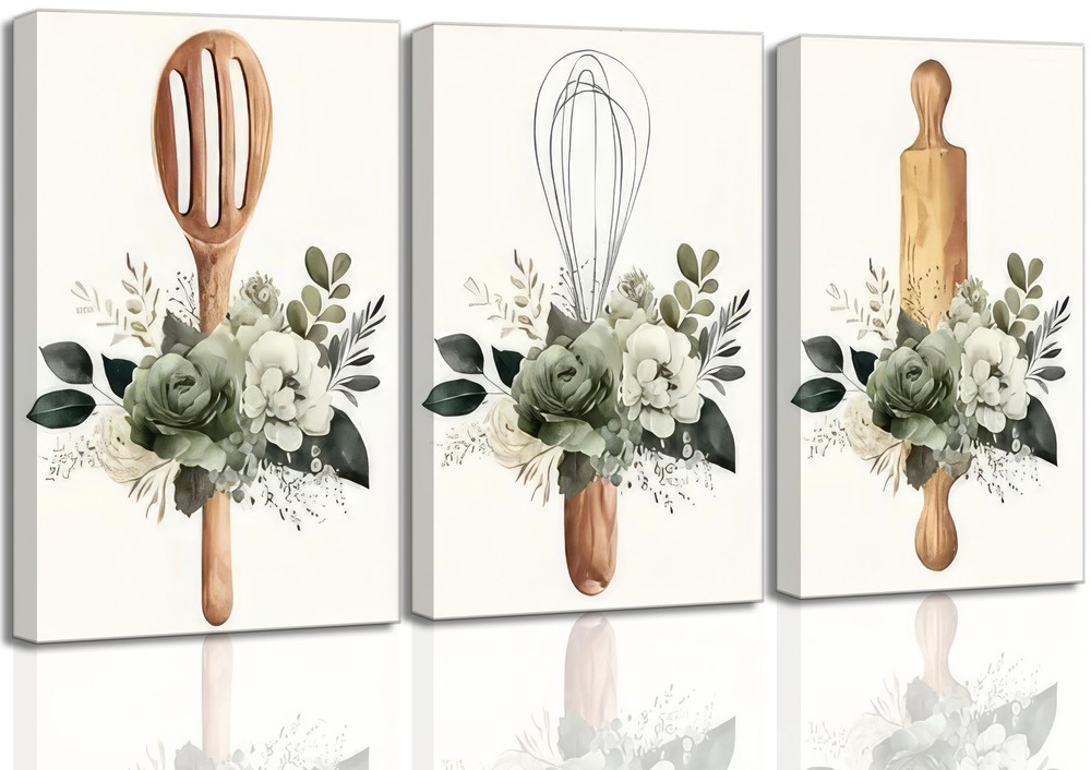 3 Pcs Sage Green Farmhouse Kitchen Canvas Wall Art Minimalist Dining Room pla…