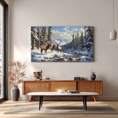 Majestic Elk Snowy Mountain Forest Canvas Art, Giclee Winter Wildlife Deer Print