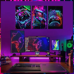 Game Room Decor Posters Set of 3 – Neon Gaming Accessories Theme Canvas Wall Art