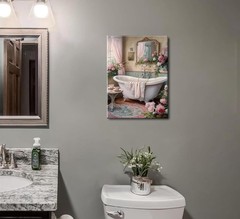 Pink Flowers Theme Bathroom Canvas Wall Art Vintage Bathtub Painting Pictures…